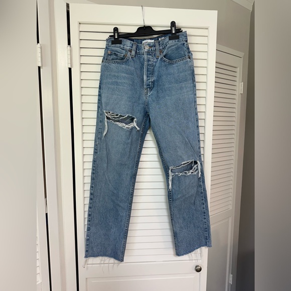 RE/DONE 70S Stove Pipe Distressed Raw Hem Button Fly Jeans Size 26 - Picture 5 of 7